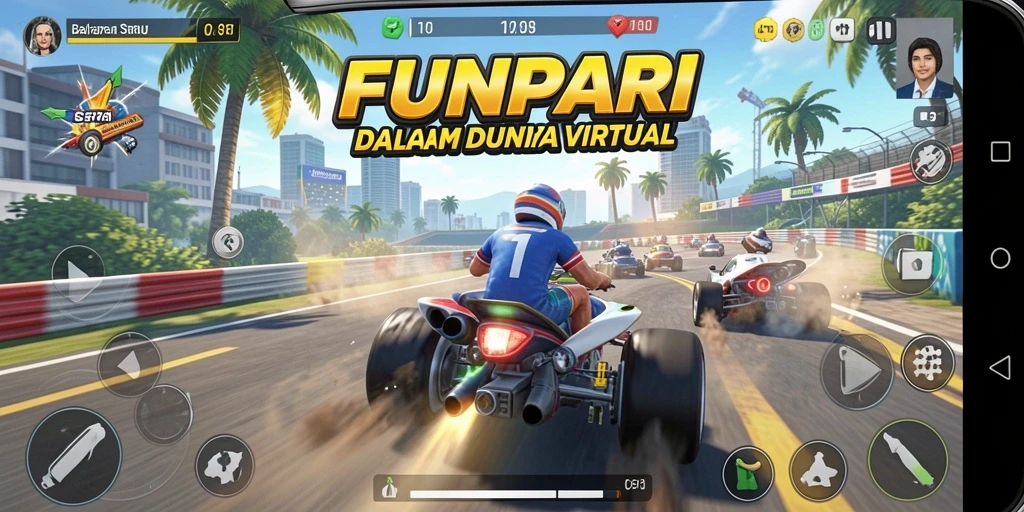 Screenshot gameplay FUNPARI dengan aksi balapan yang mendebarkan.