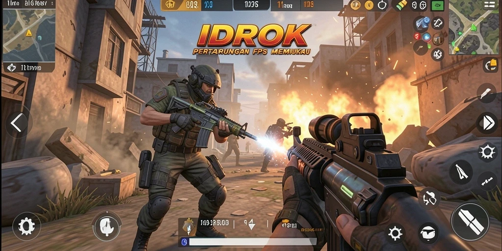 Tampilan screenshot IDROK menampilkan aksi pertempuran FPS yang mendebarkan.