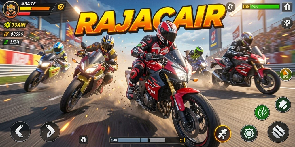 Screenshot permainan RAJACAIR menampilkan balapan motor seru di lintasan yang menantang.