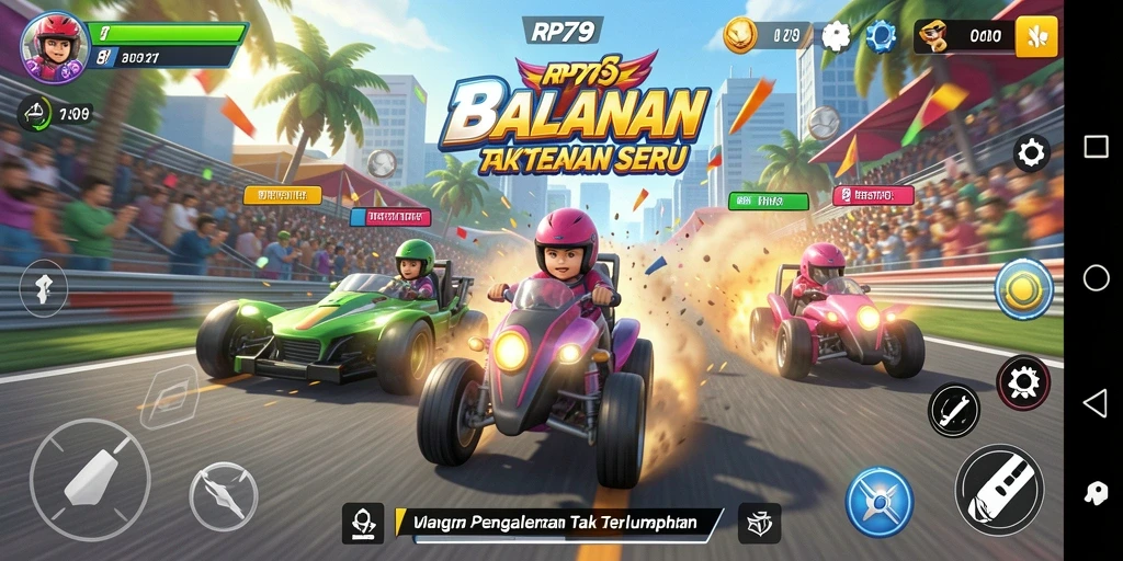 Screenshot permainan RP79 menampilkan balapan seru dengan mobil balap cepat.