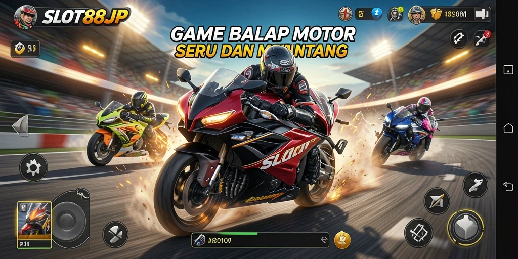 Tampilan menarik dari gameplay SLOT88JP saat balapan motor.