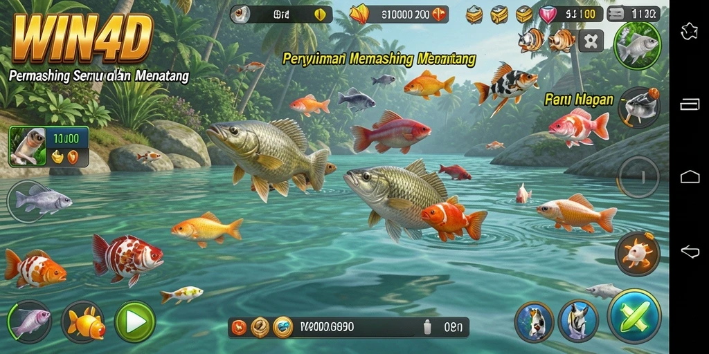 Tampilan gameplay menampilkan momen menangkap ikan yang mendebarkan di WIN4D.